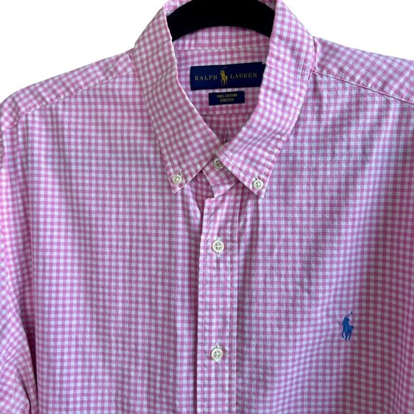 Ralph Lauren Blue Label Pink White Gingham Check Polo Pony Logo Shirt Size XL - Picture 1 of 9